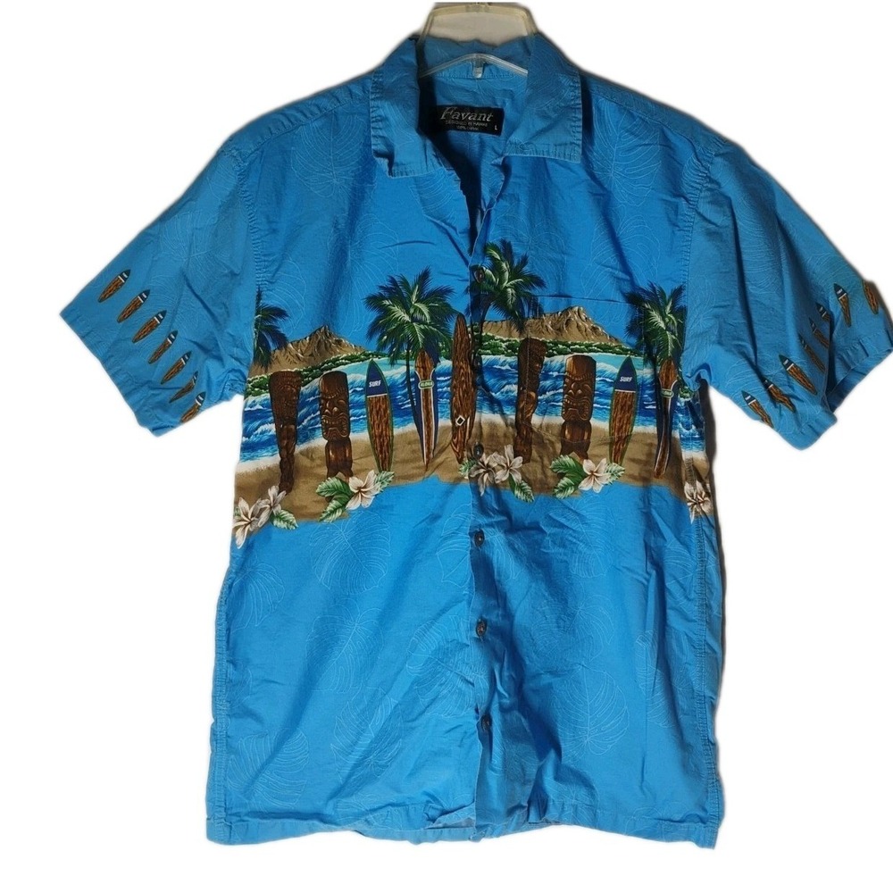 Favant Button Up Shirt Mens M Blue Surfboard Beach Graphic Leaves Hawaiian